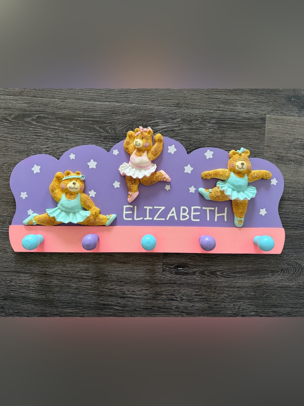 Personalized Purple & Pink Bear Ballerina Wall Hook for Kids - Elizabeth